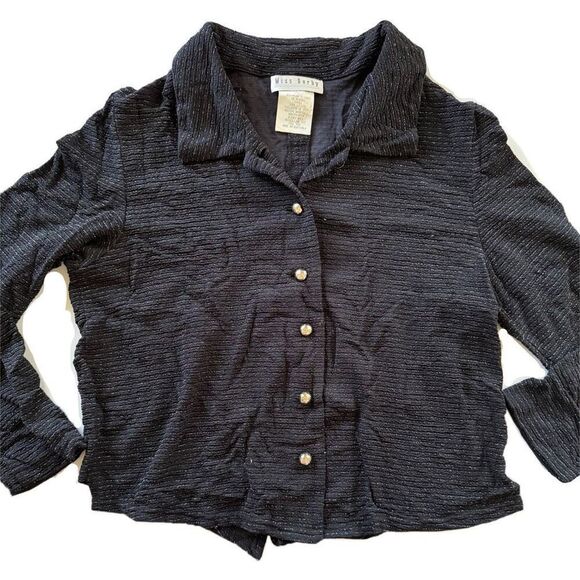 Miss Dorby women’s L black shimmer metallic striped blouse long sleeve collared - Picture 1 of 6
